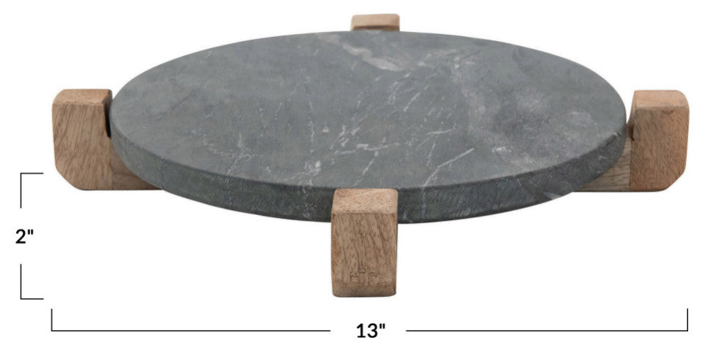 Marble Serving Board With Mango Wood Stand, Black/Natural, 2-Piece Set