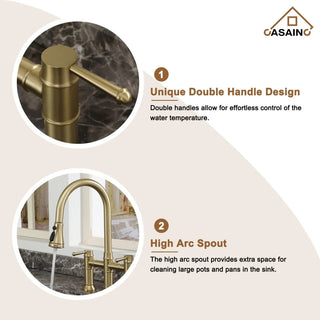CASAINC Kitchen Faucet Centerset Bridge 3-Function 2-Handle Pull-Down Spray, Brushed Gold