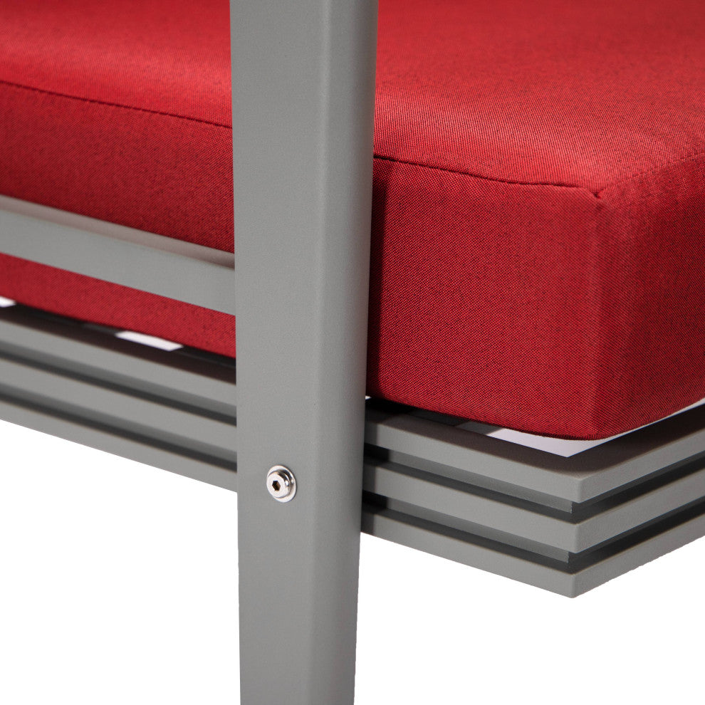 LeisureMod Walbrooke 3-Piece Patio Set With Gray Aluminum Frame and Cushions, Red