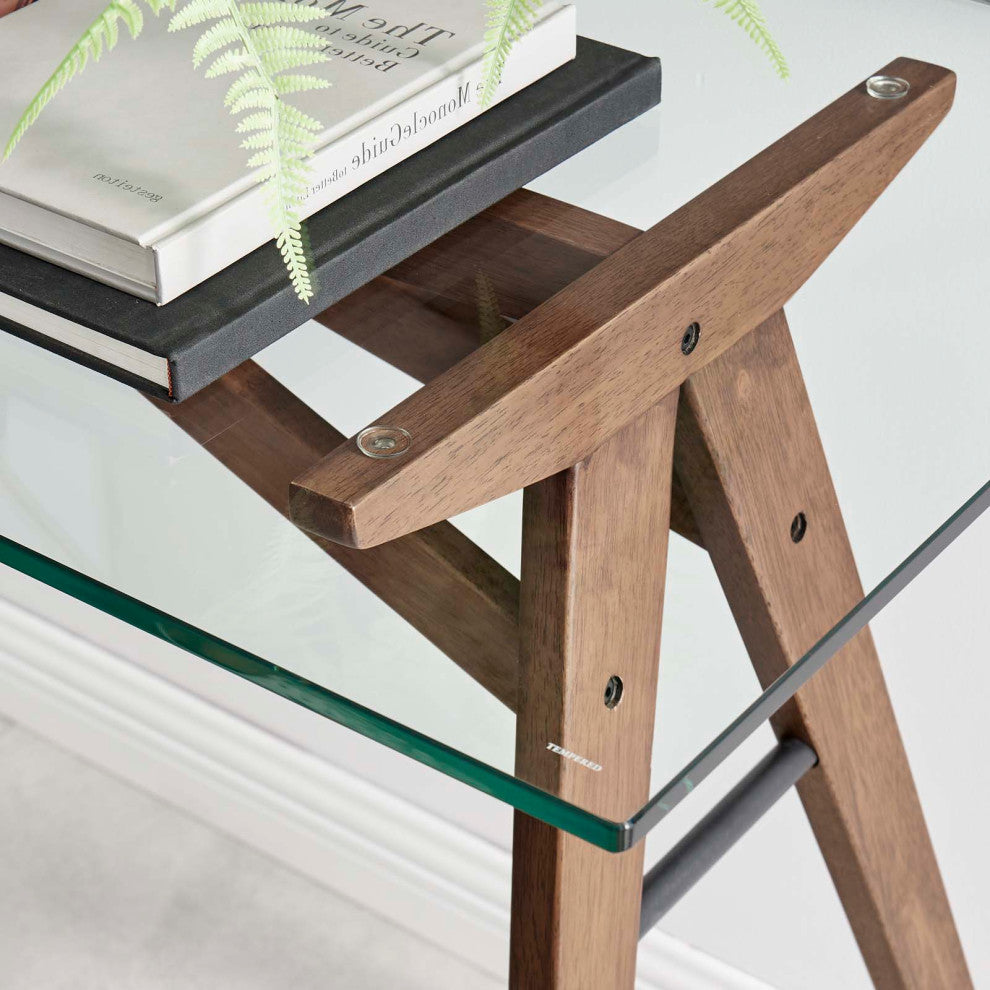 Computer Work Desk, Natural, Wood, Glass, Modern, Mid Century Home Office