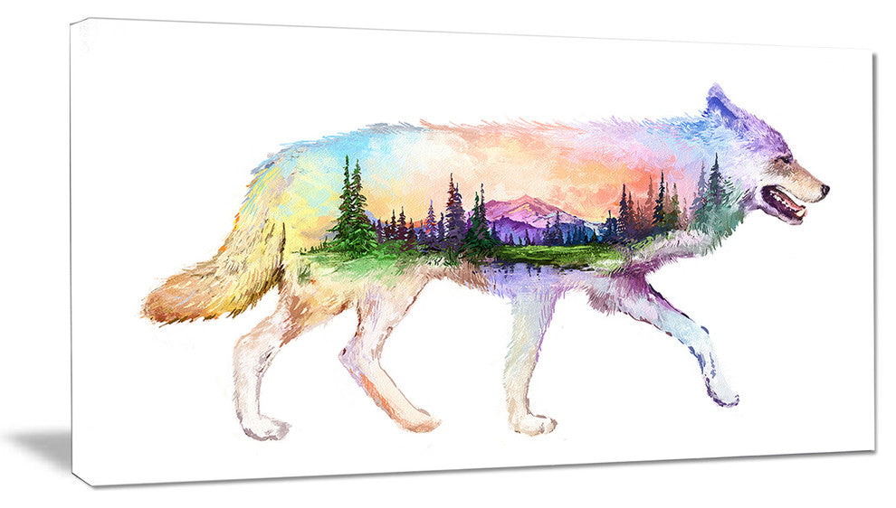 Wolf Double Exposure Illustration, Large Animal Canvas Art Print, 32"x16"