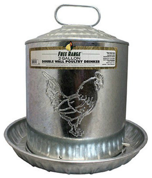 Free Range 4212 Double Wall Poultry Drinker, 2-Gallon, Galvanized Steel