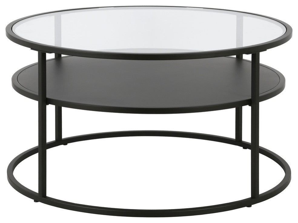 32" Black Glass And Steel Round Coffee Table With Shelf
