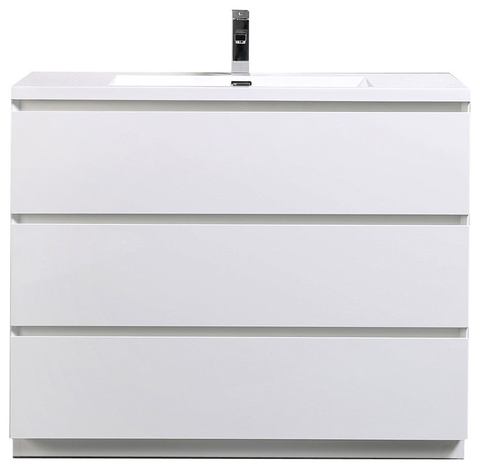Moa Bathroom Vanity With 3 Drawers and Acrylic Sink, Gloss White, 42"