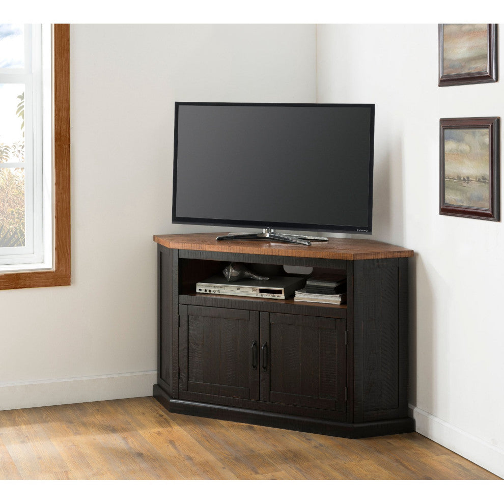Rustic Corner TV Stand, Fits 55" TVs with Open Shelf, and Storage Cabinet, Antique Black/Honey