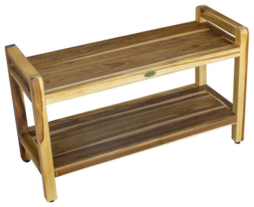 HomeRoots Rectangular Teak Shower Bench With Handles, Natural Finish
