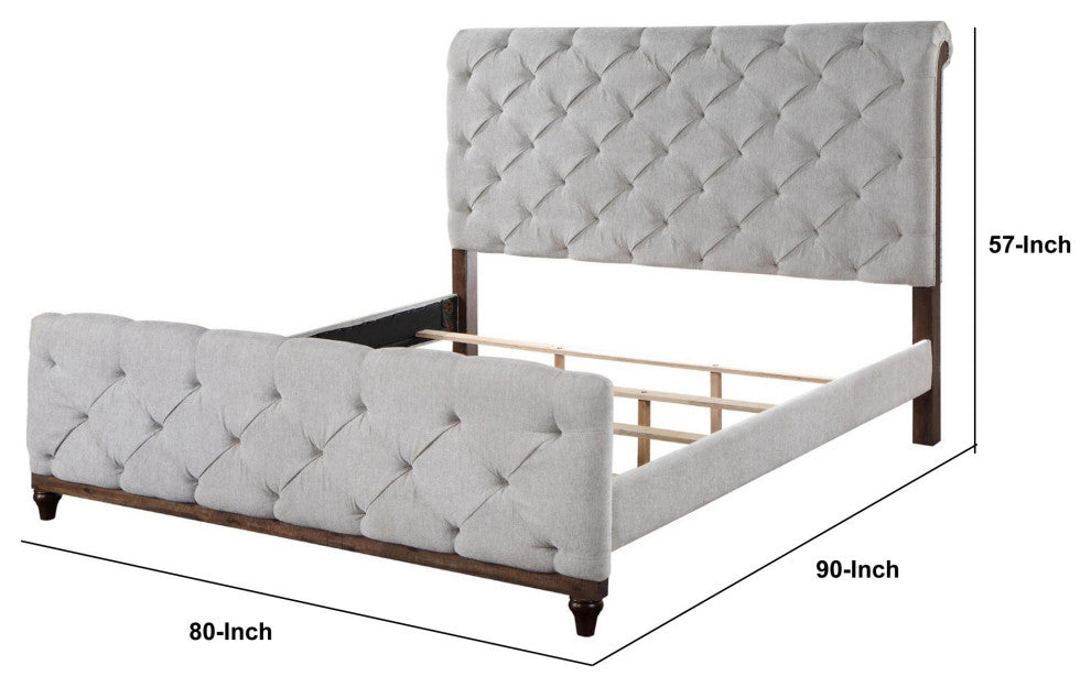 Benzara BM284030 Modern King Size Bed, Button Tufted, Brown Frame, Beige Fabric