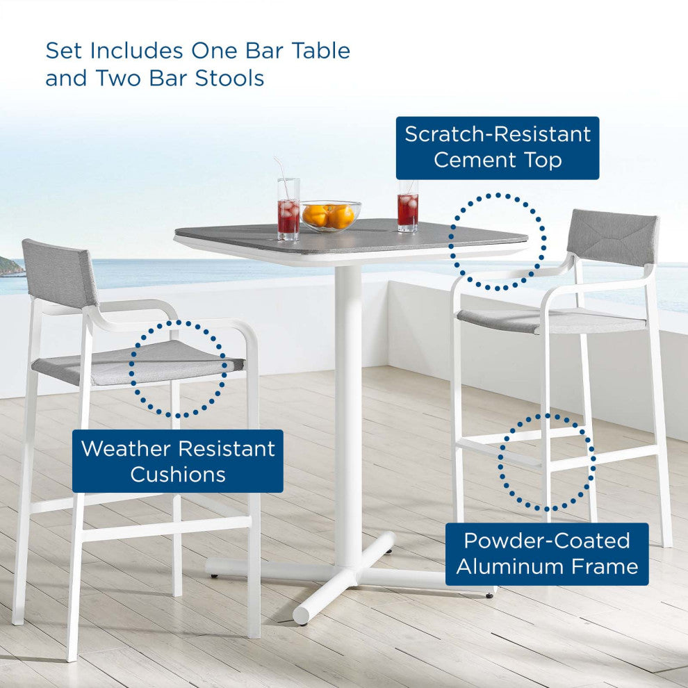 Bar Stool Chair and Table Set, Aluminum, Metal, White Gray, Modern, Outdoor