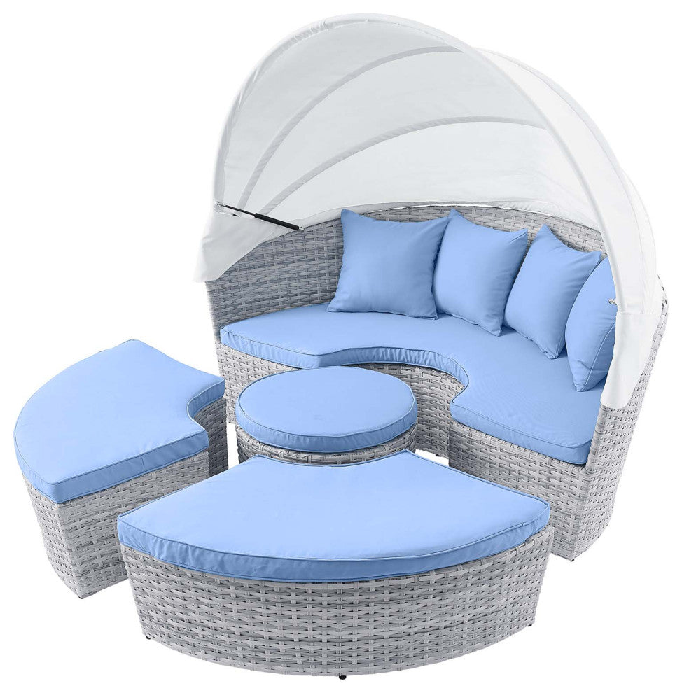 Lounge Daybed Sofa Bed, Gray Blue, Rattan, Wicker, Modern, Outdoor Patio
