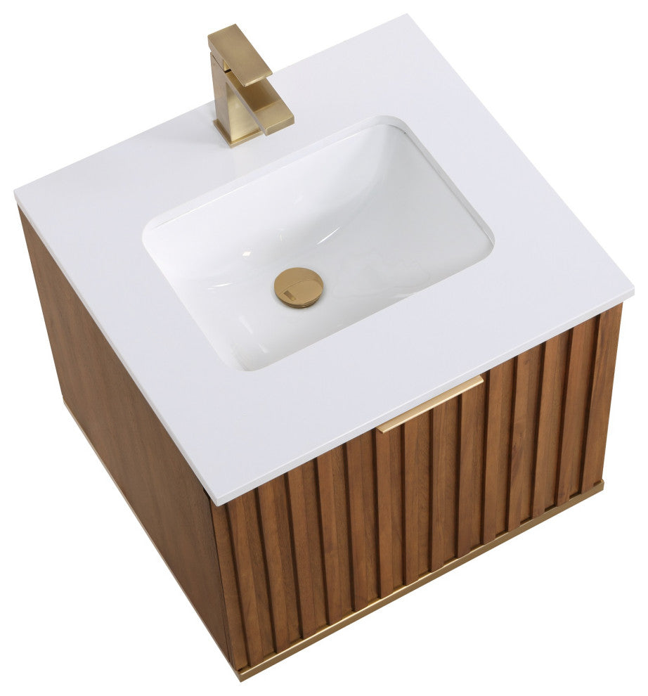 Terra Bathroom Vanity, Walnut/Satin Brass With White Quartz, 24", White Quartz Top