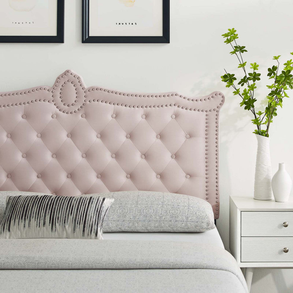 Tufted Headboard, Nailhead, King California Size, Pink, Velvet, Modern