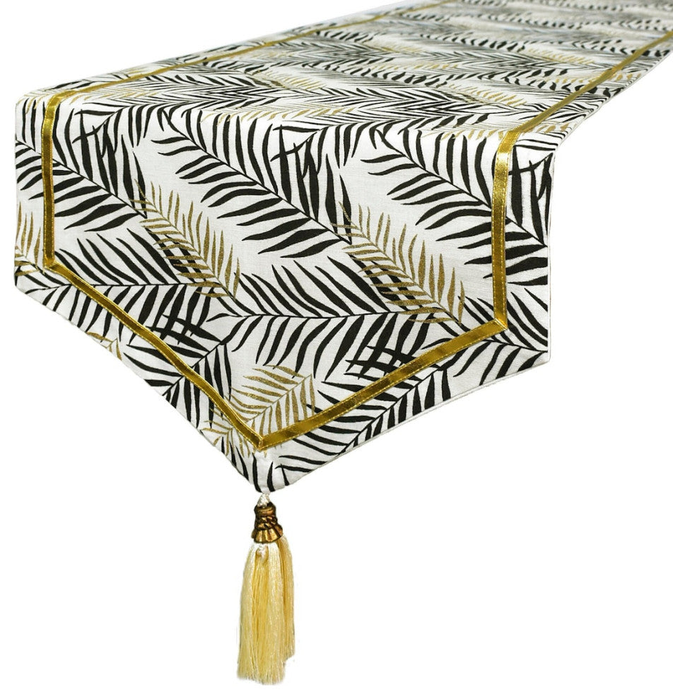 Decorative Table Runner Black Cotton 14"x64", Leaf, Gold Glitter, Tassels- Panra