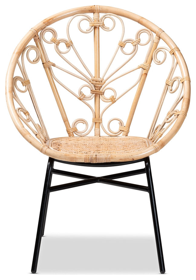 Modern Bohemian Natural Brown Rattan and Black Metal Chair, Curled Accents