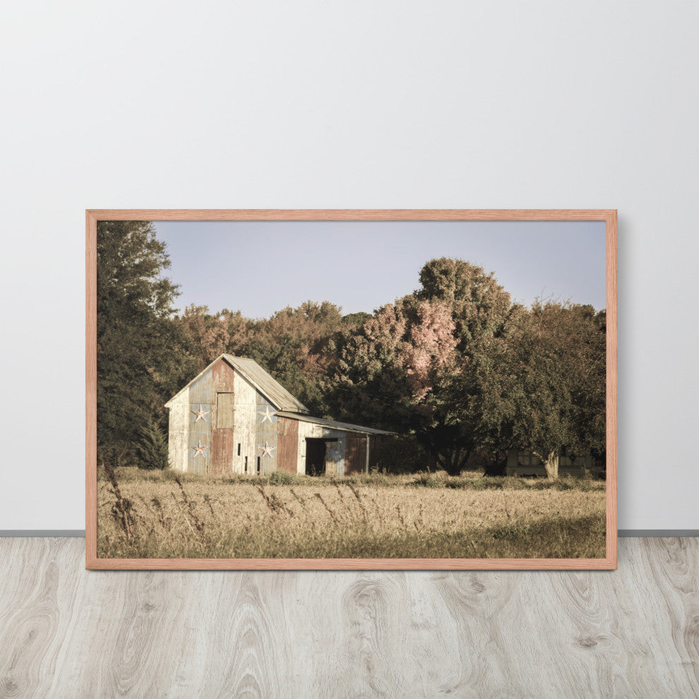 Patriotic Barn in Field Aged Effect Framed Photo Paper Wall Art Prints, Red Oak, 24" X 36"