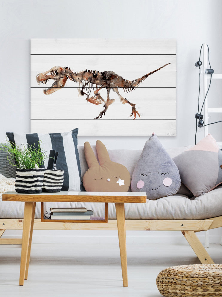 "Big T-Rex Skeleton" Painting Print on White Wood, 18x12