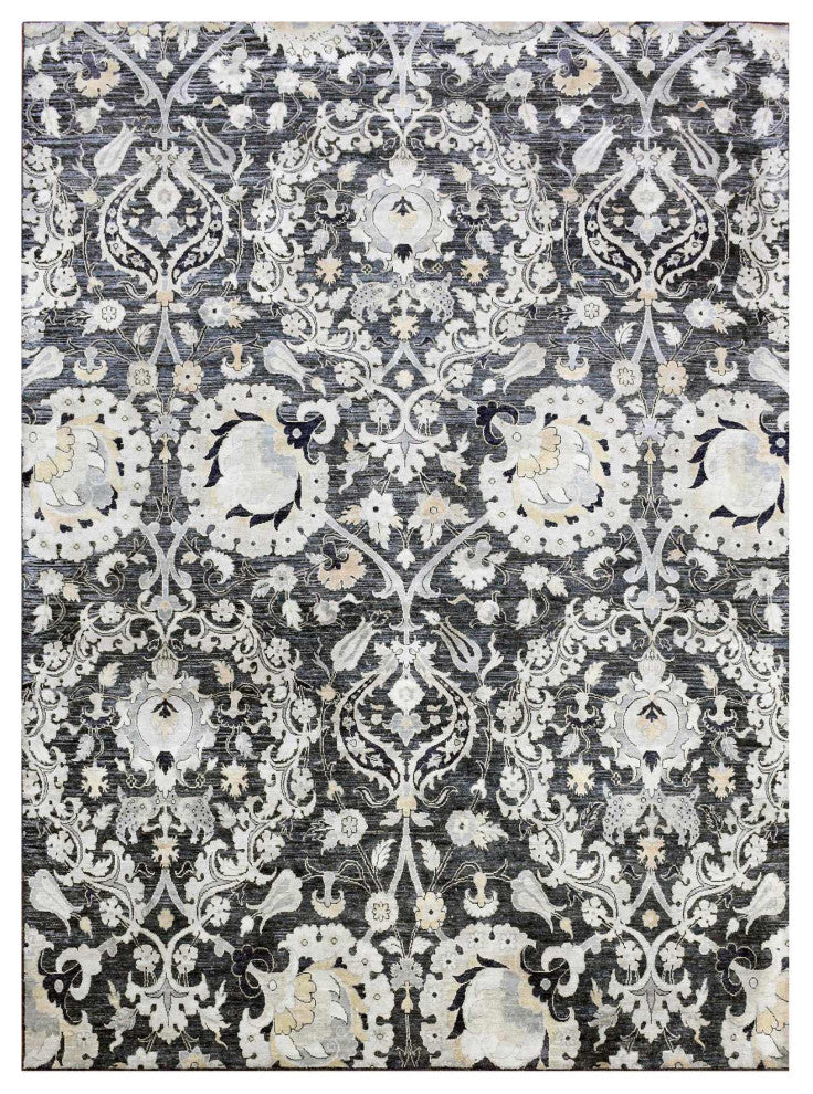 Gray/Blue Tulip and Large Blossom Textured Wool Hand Knotted Rug, 8'2"x10'0"
