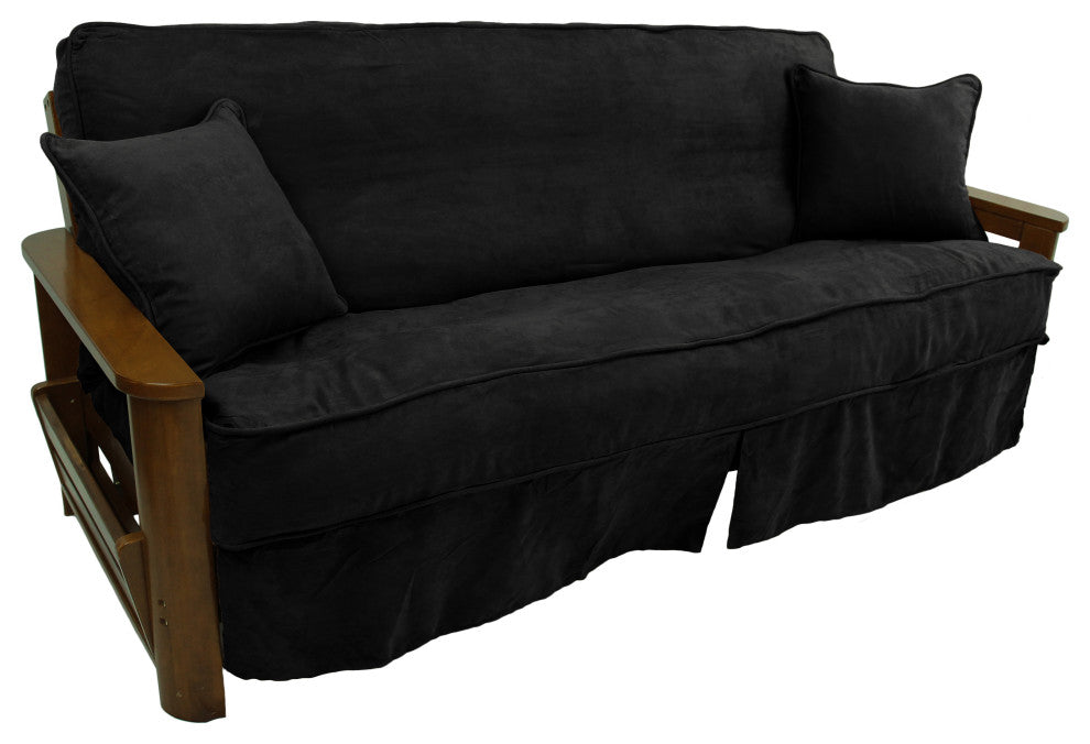 Full Futon Slip Cover With Throw Pillows, 3-Piece Set, Black