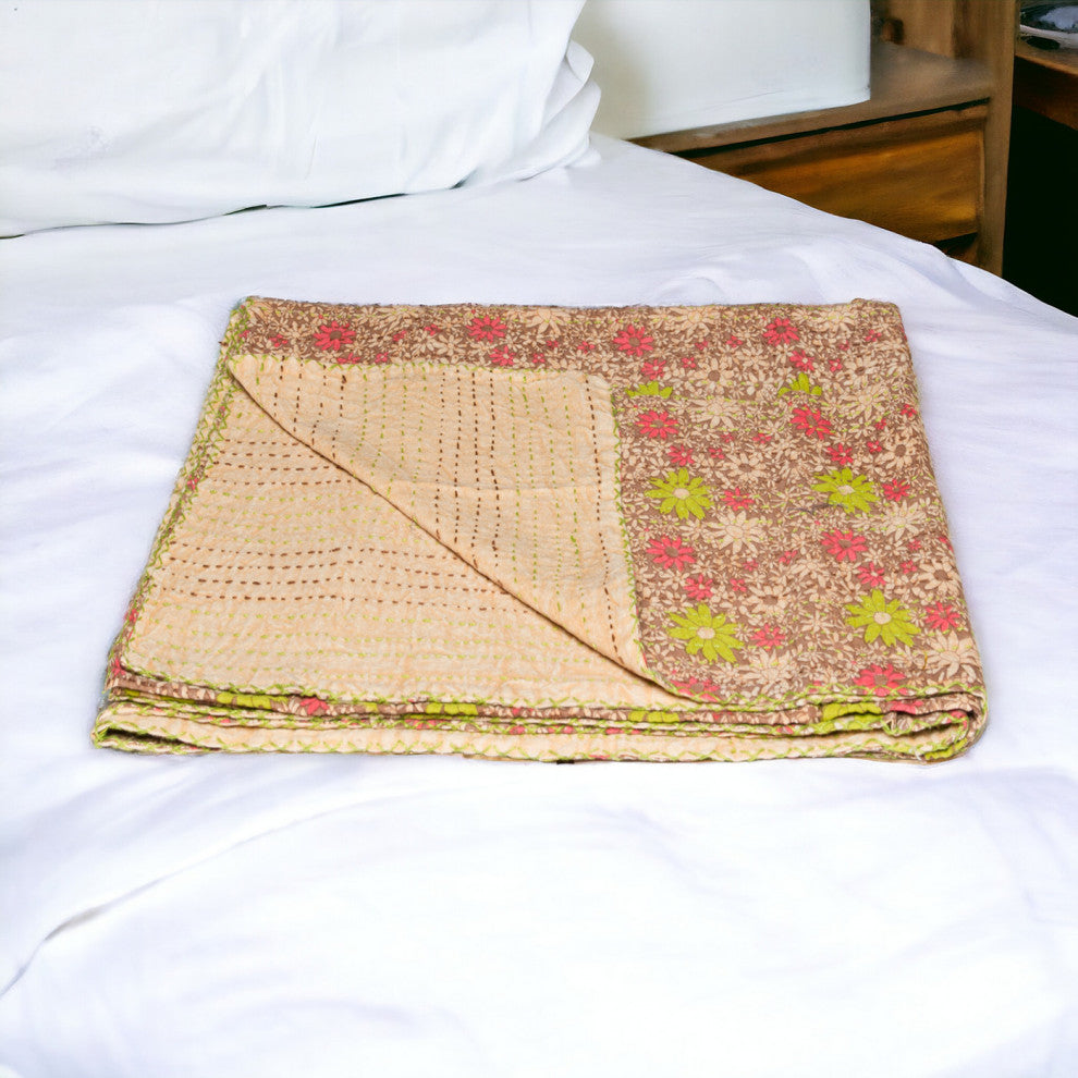 50x70 Green and Brown Kantha Cotton Floral Throw Blanket With Embroidery