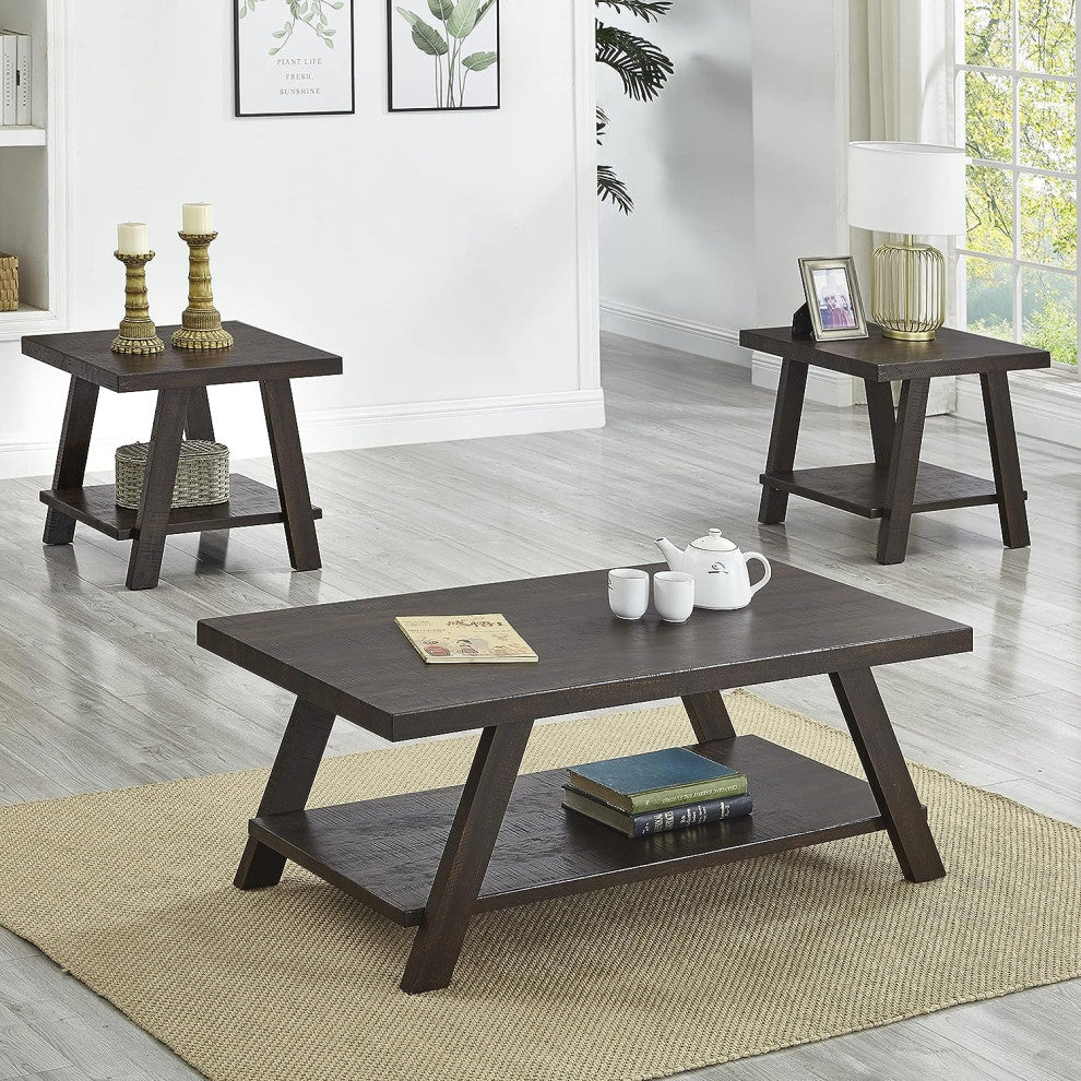 Contemporary 3-Piece Coffee Table Set with Angled Legs and Extra Storage Shelf, Espresso