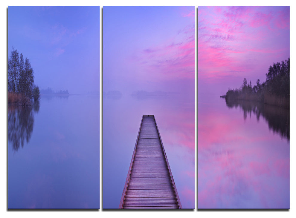 "Jetty in a Dawn Lake" Wooden Sea Bridge Metal Wall Art, 3 Panels, 36"x28"