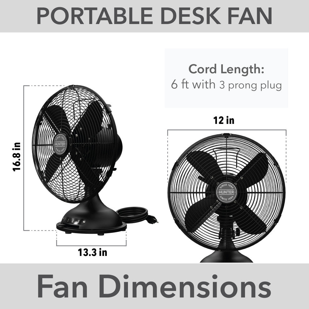 Hunter Classic Matte Black 4-Blade Oscillating 3-speed Desk Fan