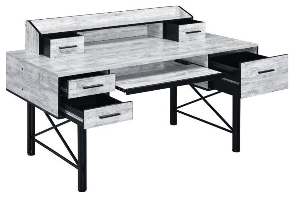 5 Storage Drawers Computer Desk, Antique White and Black