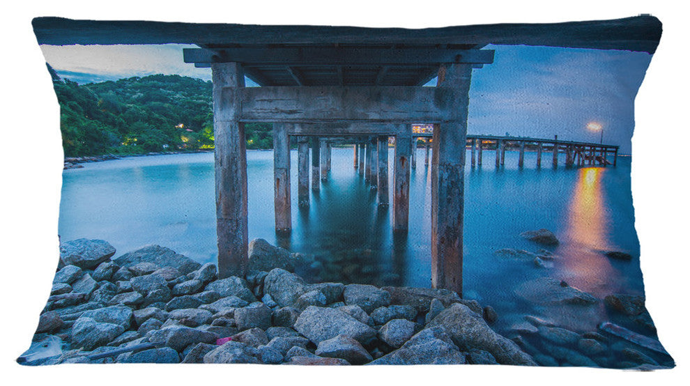 Under Wood Bridge At Twilight Sea Bridge Throw Pillow, 12"x20"