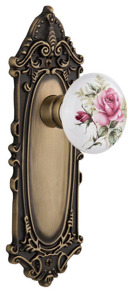 Victorian Plate Passage White Rose Poreclain Door Knob, Antique Brass