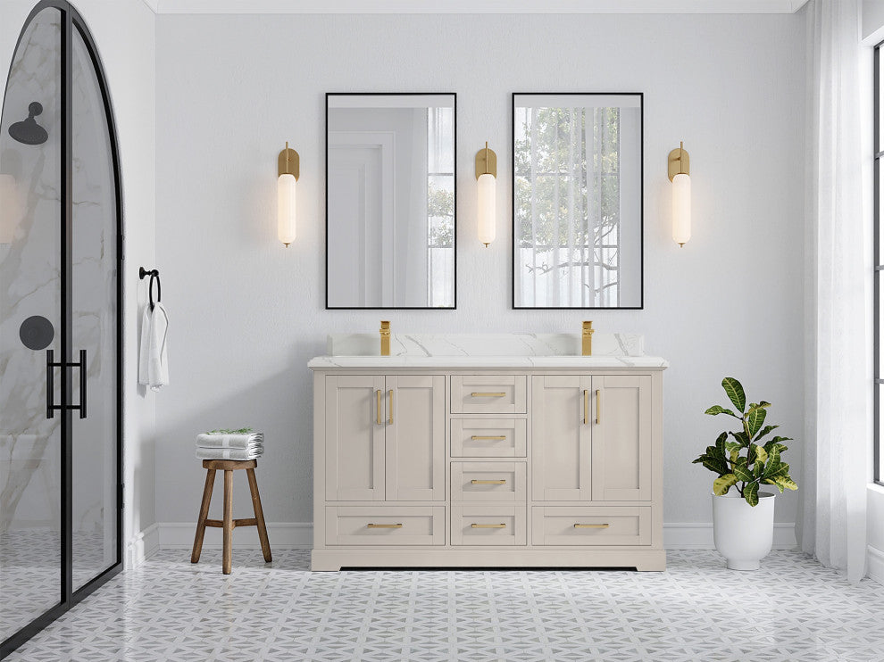 Boston 60" Double Bathroom Vanity in Fine Grain 1.5" Calacatta Laza