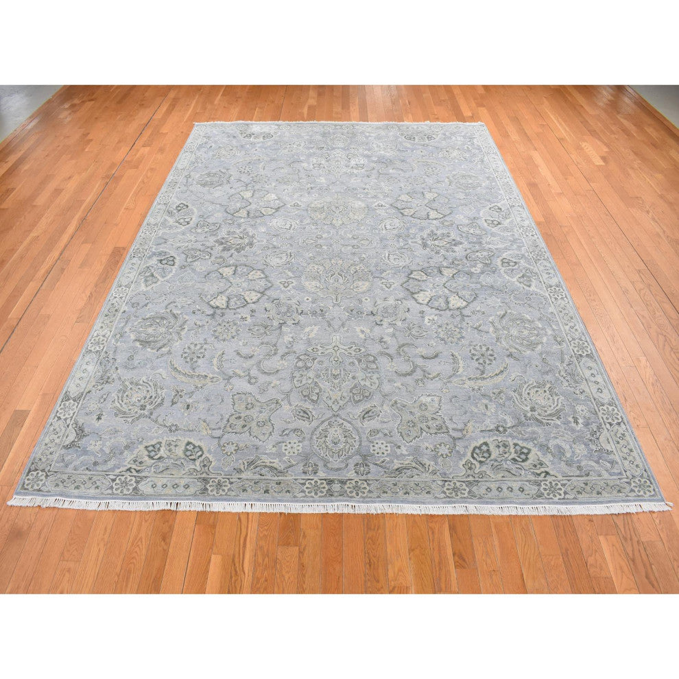 Goose Gray, Oushak Design, Silk With Wool, Hand Knotted Rug, 9'x12'
