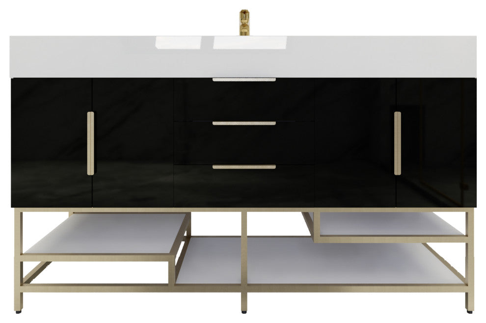 Madison 60" Free Standing Single Sink Vanity with Reinforced Acrylic Sink, High Gloss Black