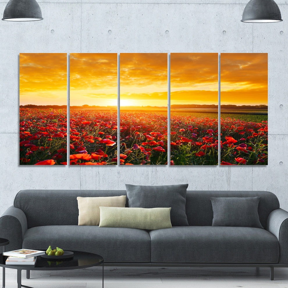 Poppy Field under Ablaze Sunset, Abstract Wall Art Canvas, 60"x28", 5 Panels