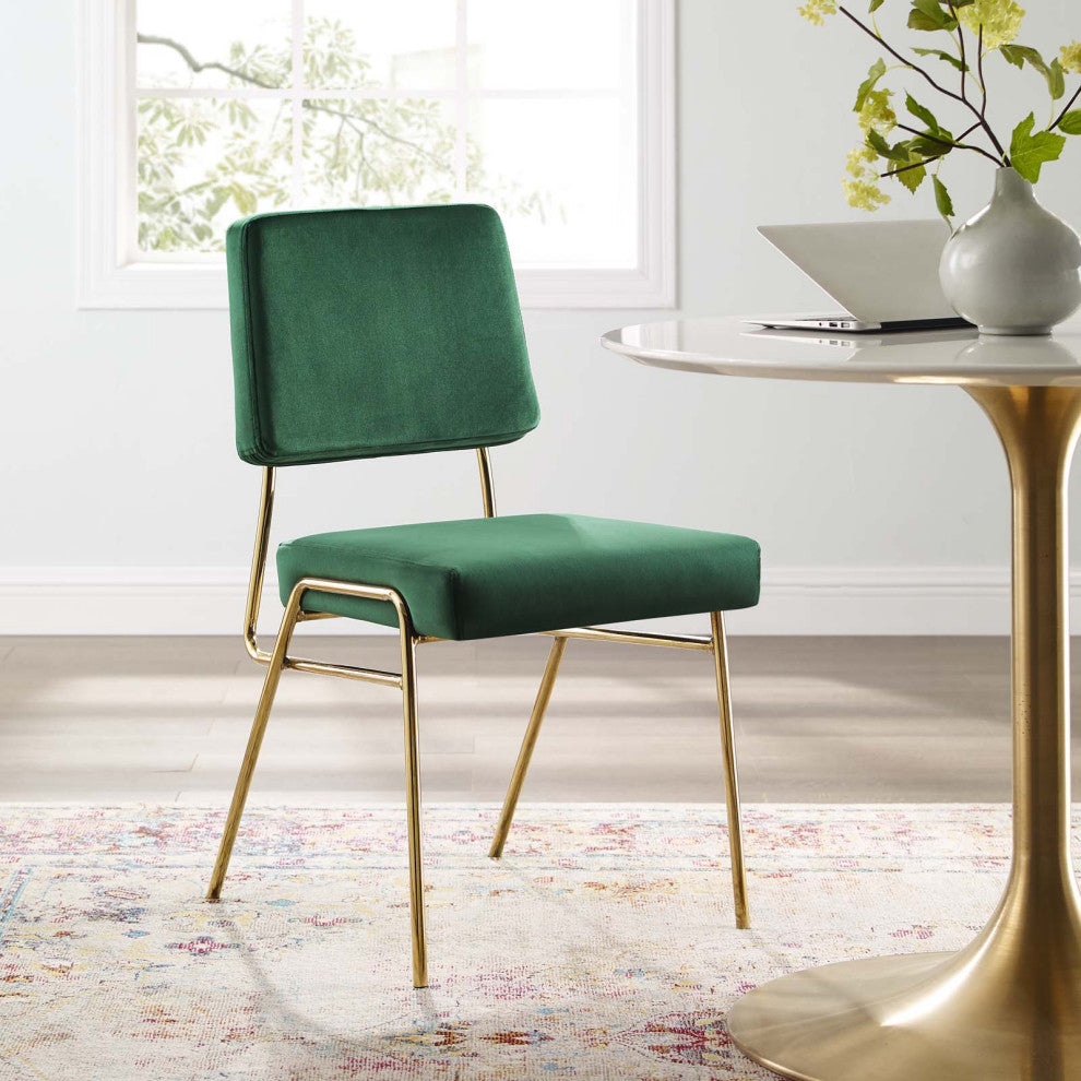 Side Dining Chair, Velvet, Metal, Gold Green, Modern, Cafe Bistro Restaurant