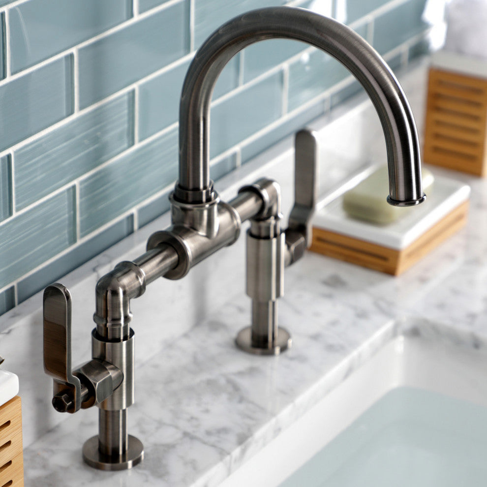 Industrial Style Bridge Bathroom Faucet With Pop-Up Drain, Black Stainless