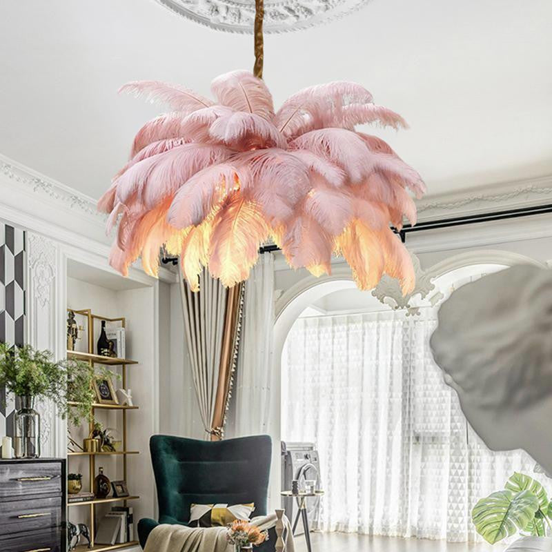 Gembloux | Pink/White Feather Round Chandelier, Pink
