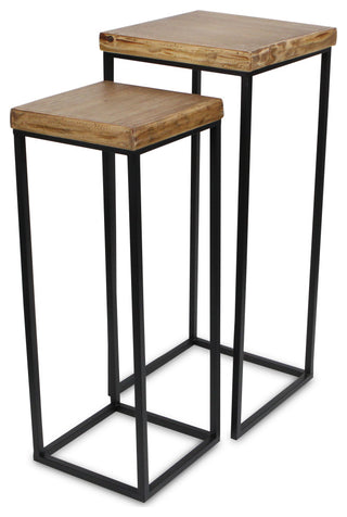 2-Piece Square Wood Top Side Tables With Metal Base