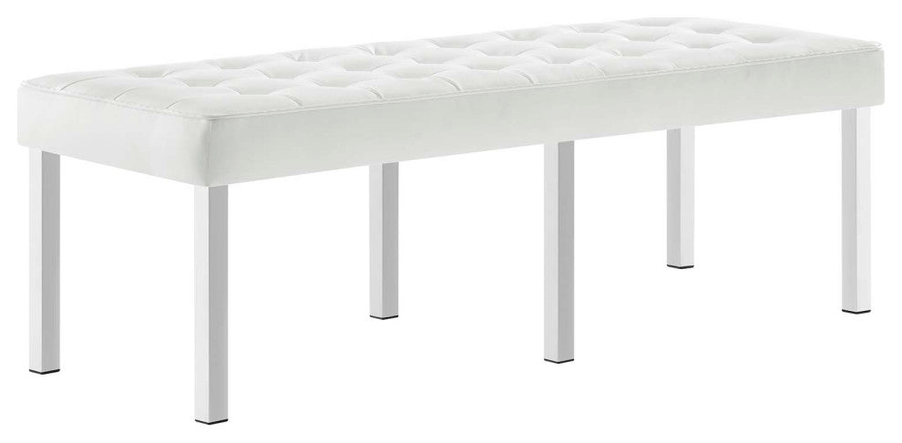 Loft Tufted Large Upholstered Faux Leather Bench Silver White