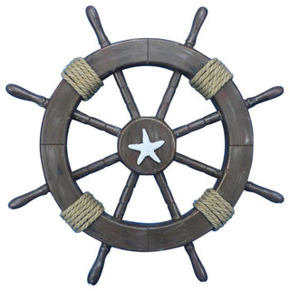Rustic Wood Finish Decorative Ships Wheel With Starfish, 18"