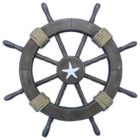 Rustic Wood Finish Decorative Ships Wheel With Starfish, 18"