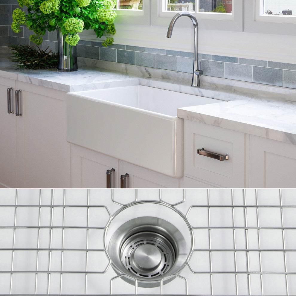 Luxury 33-Inch SOLID Fireclay Farmhouse Sink in White with Accs, Flat Front