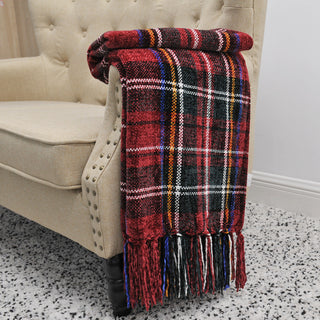 Multi-Color Crystal Chenille Throw Blanket, Red/Green/White Plaid, 60"x80"