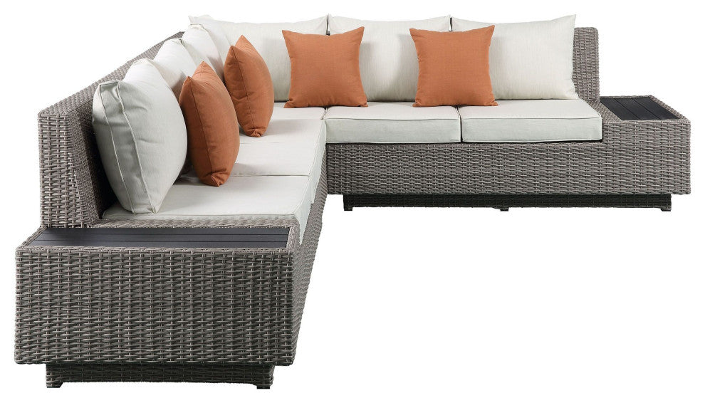 Benzara BM214890 7 Piece Patio Sectional Sofa Set With Plinth Base, Gray/Beige