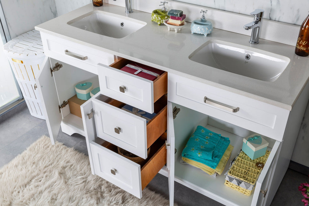 Livia Collection 60" Bathroom Vanity With Sink, Mirror, Countertop, White