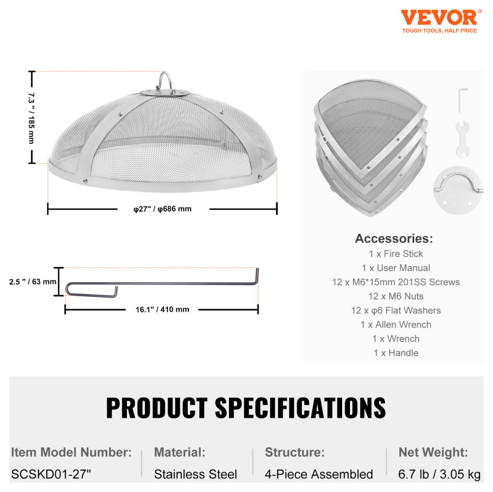 VEVOR 27" Round Firepit Spark Screen Cover Lid Stainless Steel Wood Burning