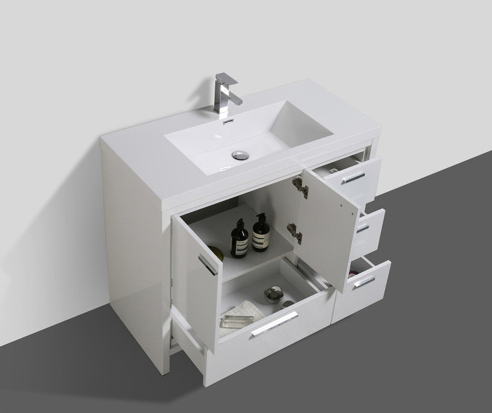 Alma Allier 42 inch free standing vanity with sink, Gloss White, Right Drawer