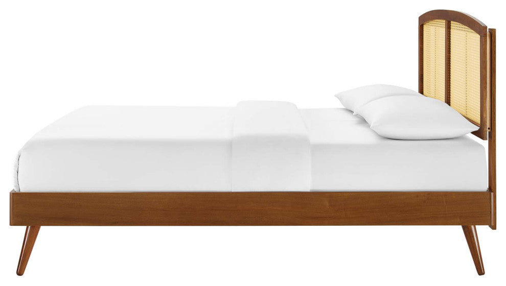 Platform Bed Frame, Full Size, Wood, Brown Walnut, Modern Mid-Century, Bedroom