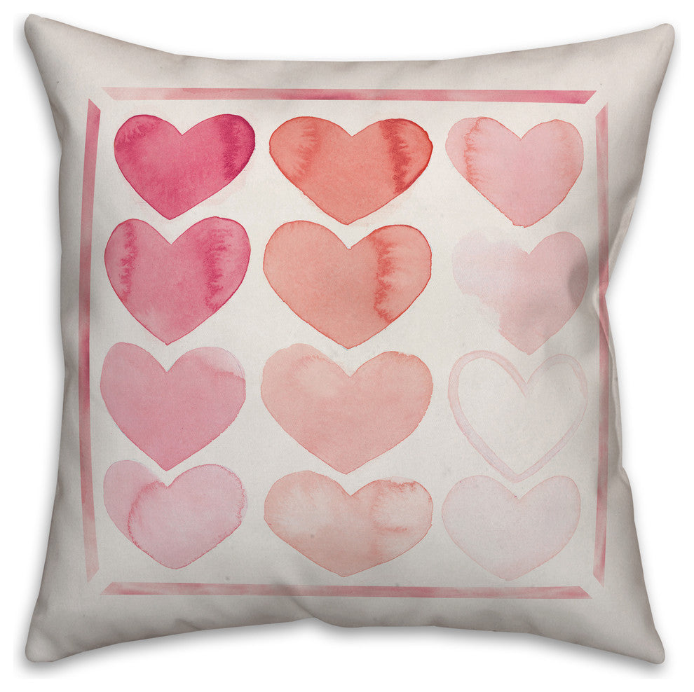 Watercolor Hearts 18x18 Throw Pillow