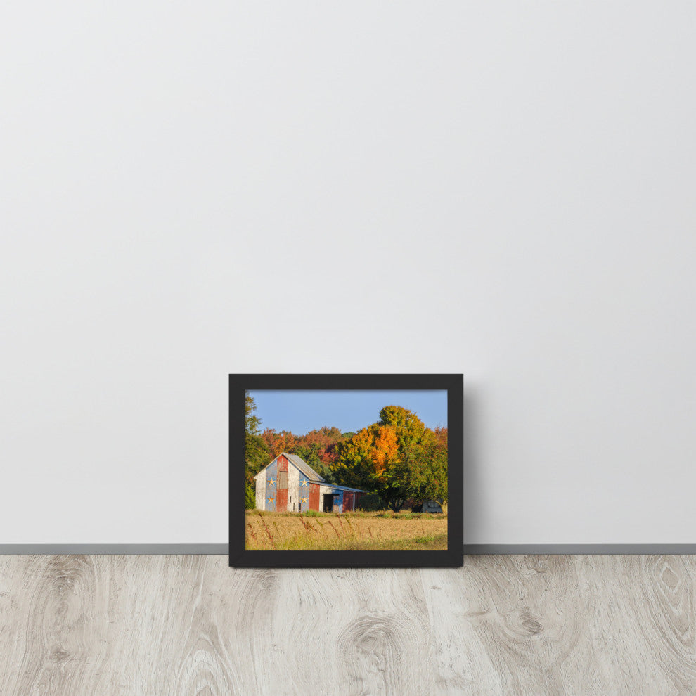 Patriotic Barn in Field Rural Landscape Framed Photo Paper Wall Art Prints, Black, 8" X 10"