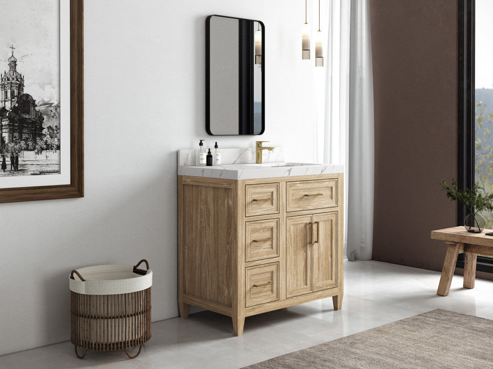 Santa Monica 36 Right Offset  Bath Vanity in Whitewashed Teak 2" Empira Quartz