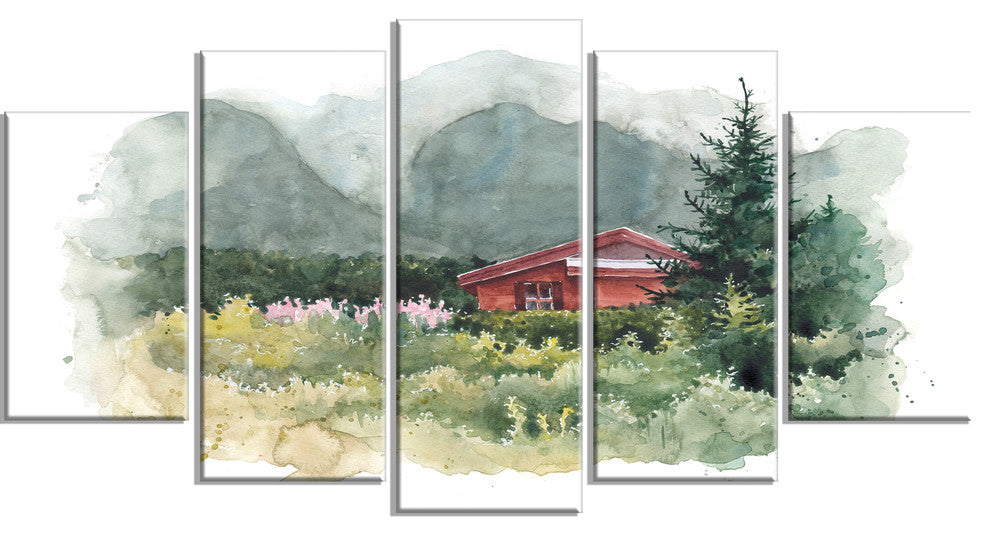 Watercolor House Aad Mountains, Landscape Canvas Art Print, 60"x32", 5 Panels